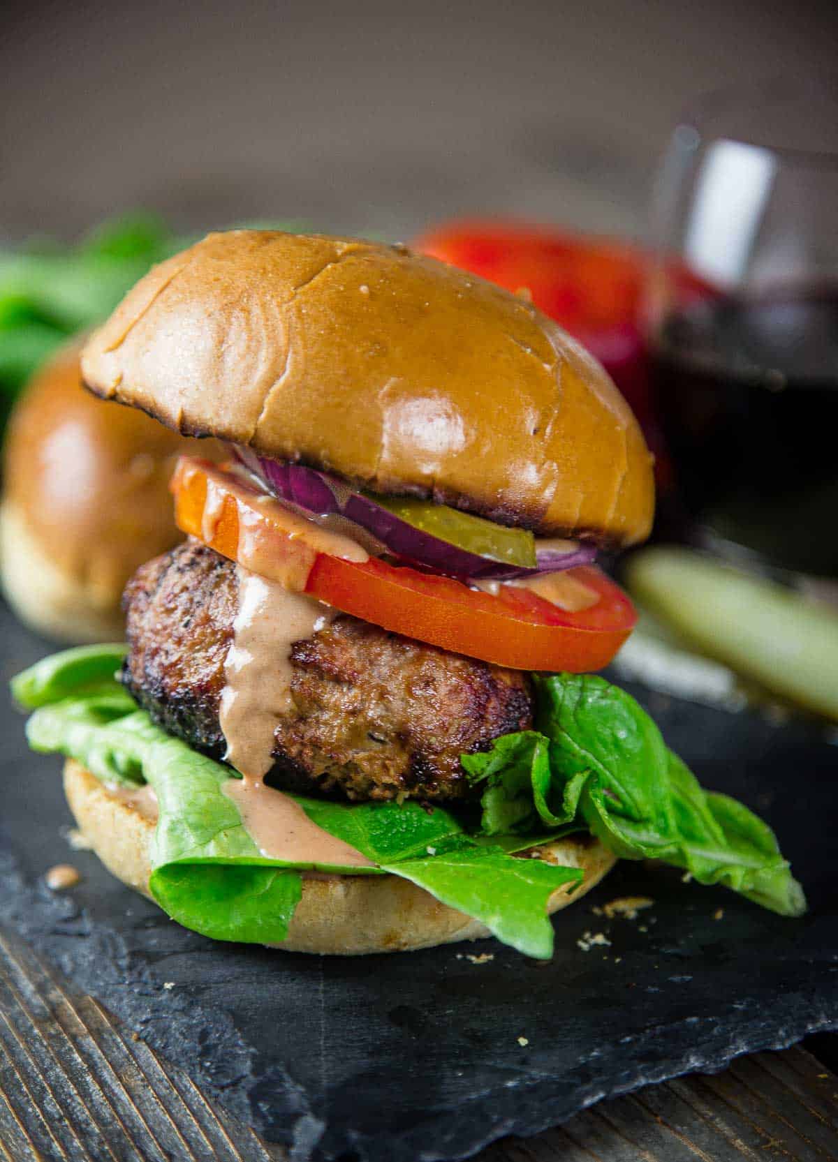 Turkey Burger with Bacon Paste on a serving platter