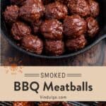 A cast iron pan full of smoked BBQ Meatballs with a red wine BBQ sauce