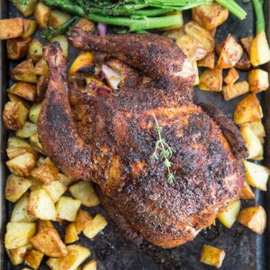 Whole Smoked Chicken on a sheet pan