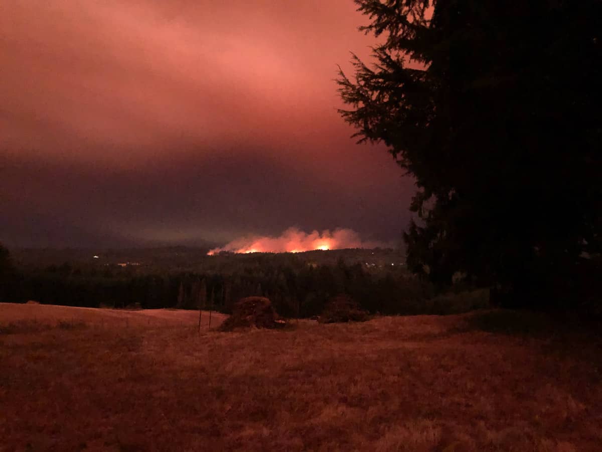 The ongoing fire in 2020 as seen from the Vindulge studio 12 hours after it started and spreading along a ridgeline just a few hundred yards from vineyards.