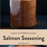 pinterest pin of salmon seasoning in a mason jar and in a small dish.