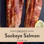 Two filets of perfect Smoked Sockeye Salmon on a serving dish with slices of lemon