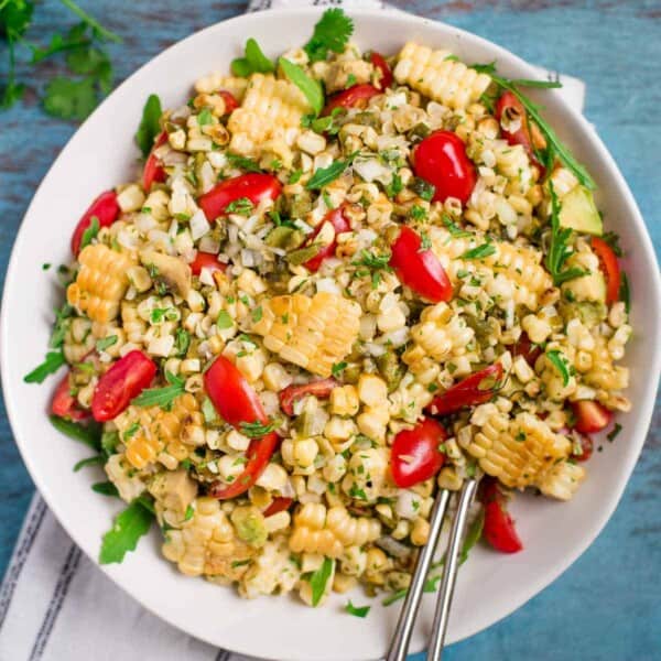 Grilled Corn and Poblano Salad in a serving bowl