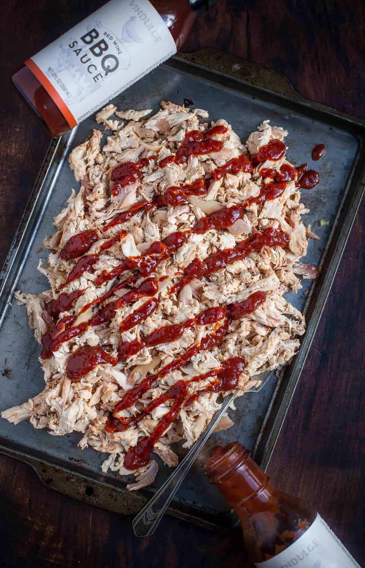 Smoked Pulled Chicken with a Red Wine BBQ Sauce on a serving platter