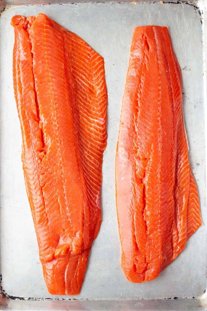 two raw filets of Sockeye Salmon