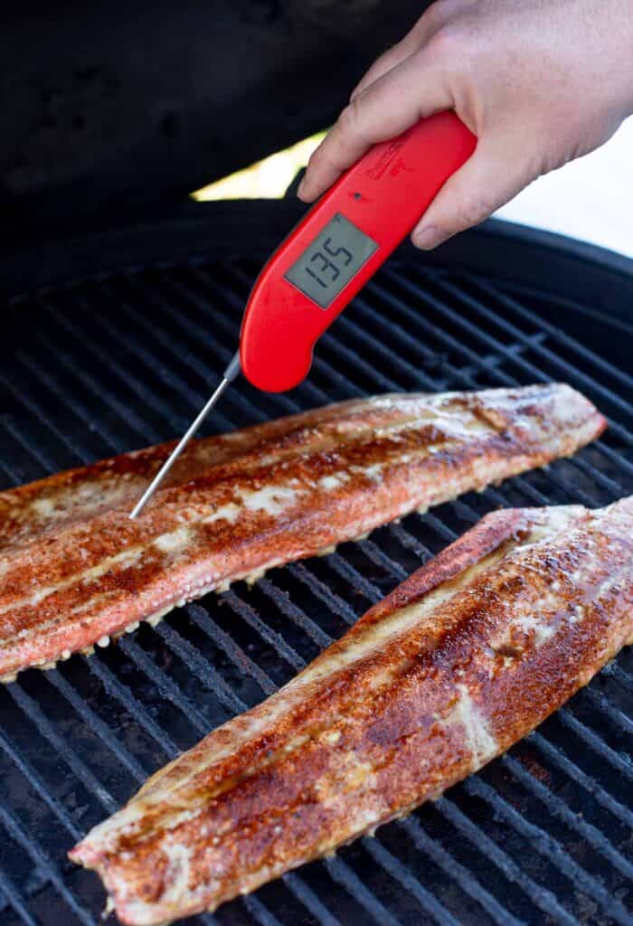 Taking the temperature of Sockeye Salmon with a Thermoworks Thermapen digital thermometer