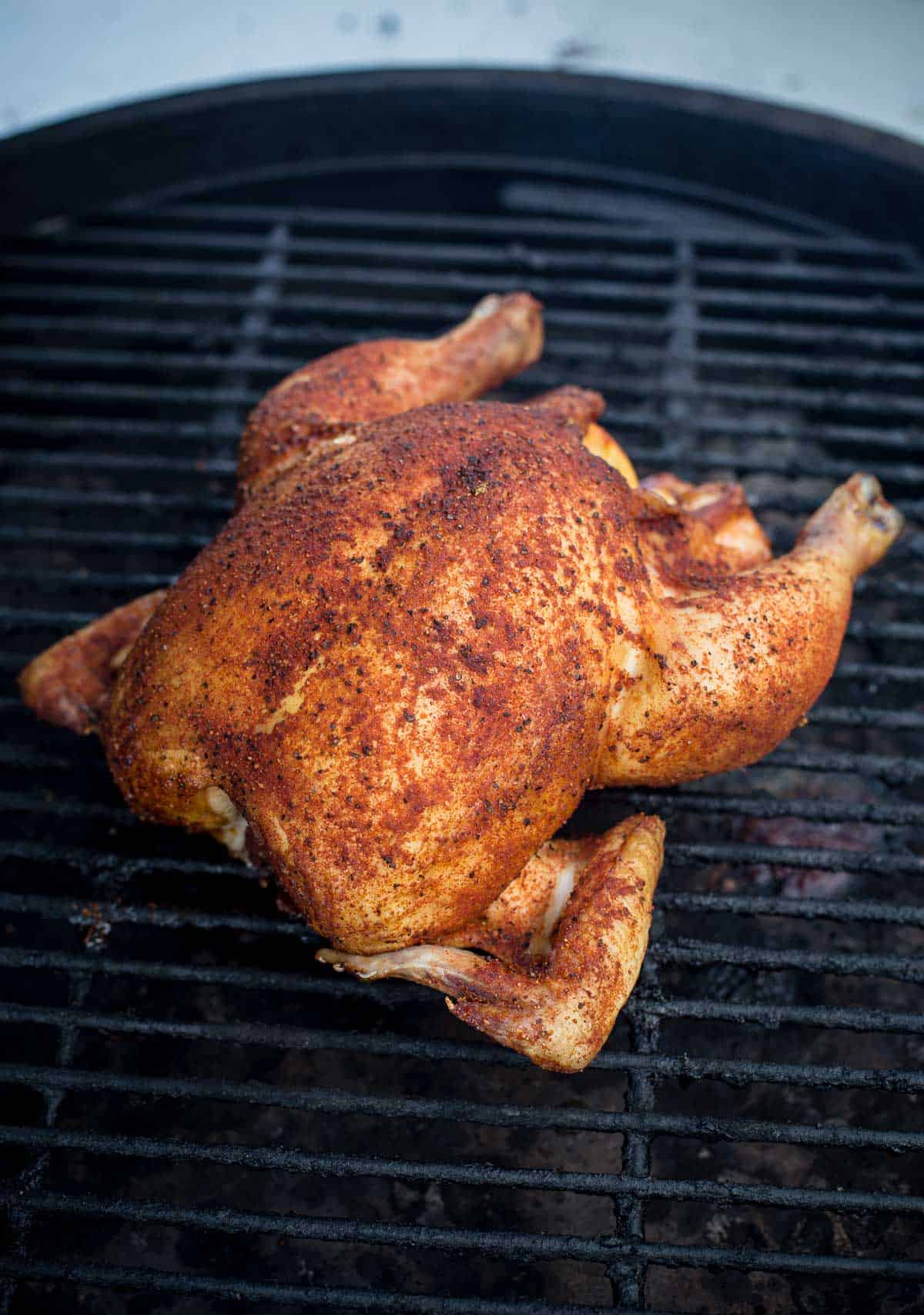 A whole chicken on a smoker