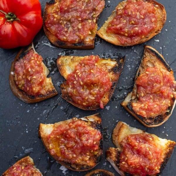 Spanish Tomato Toast (pan con tomate) on a serving platter