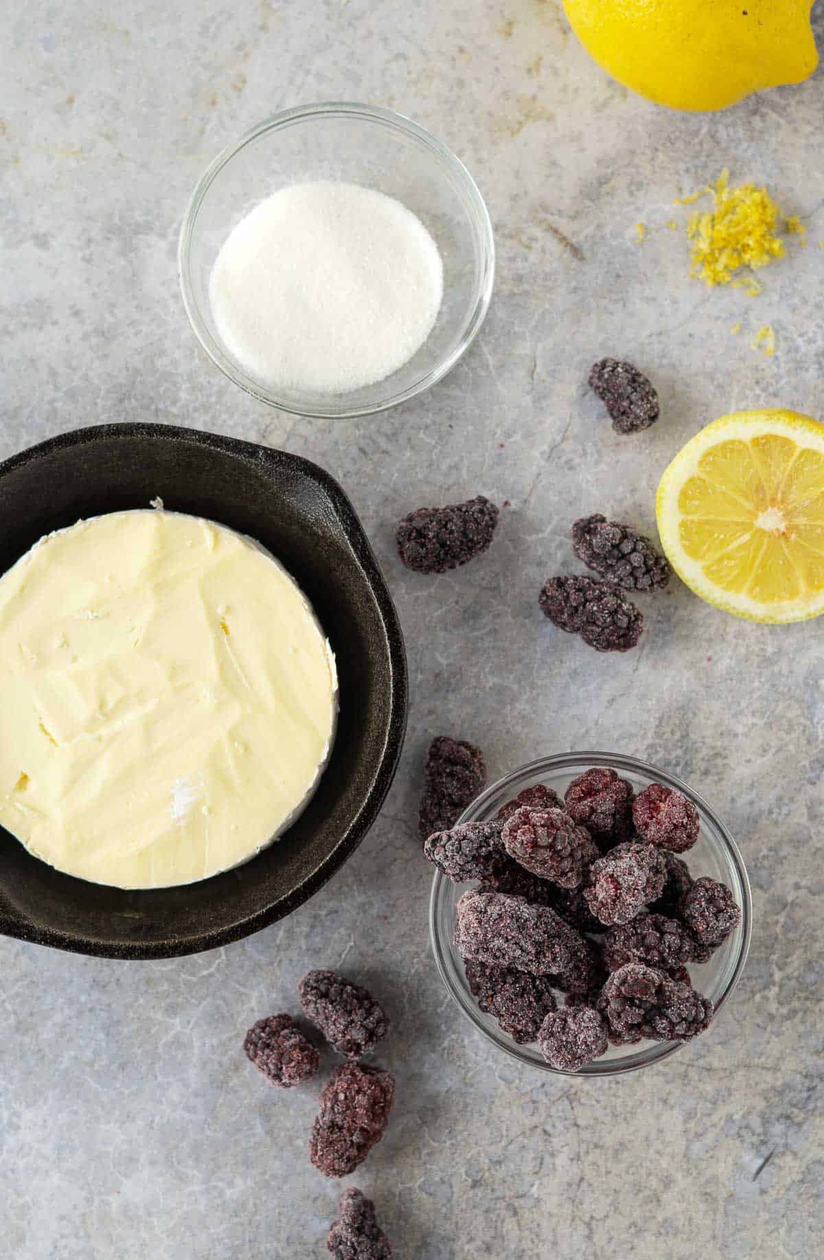 Ingredients for grilled baked brie with blackberries