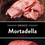 Smoked mortadella and slices of mortadella on a cutting board