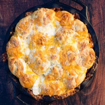 Grilled Buffalo Chicken Pull Apart Bread in a cast iron pan