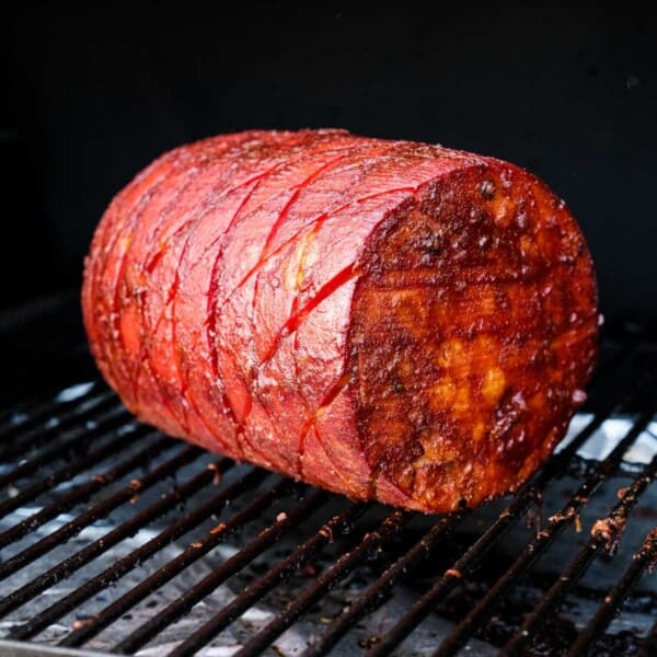 Smoked Mortadella cooking on a pellet smoker