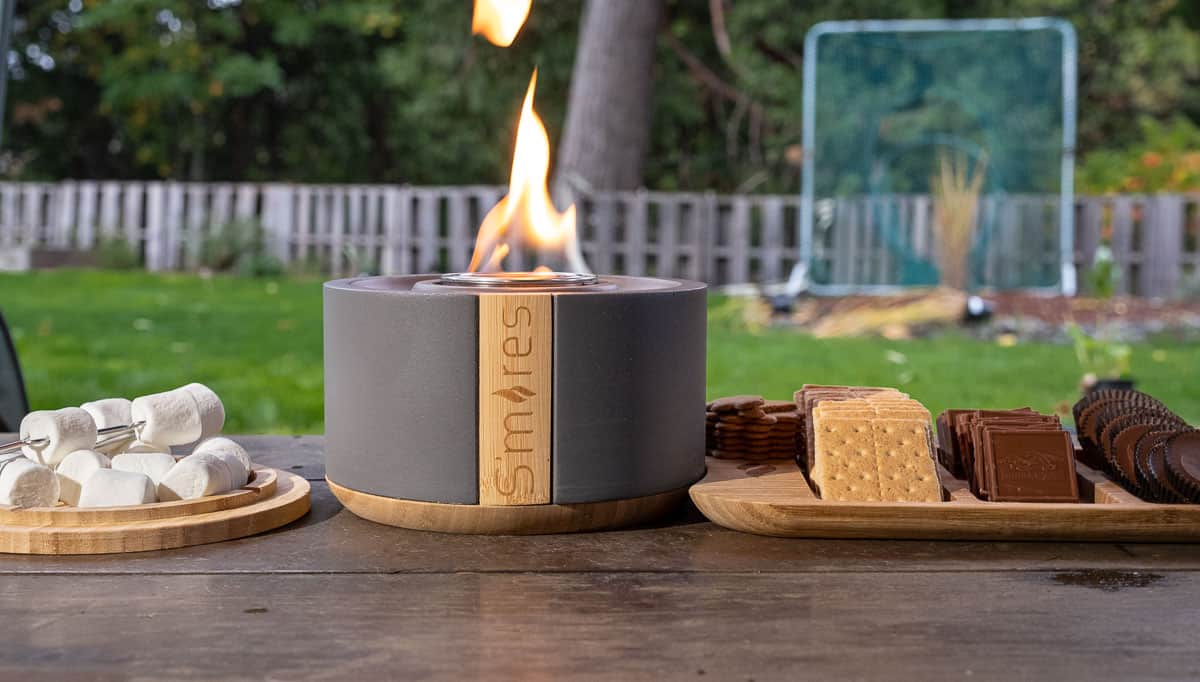 S'mores by Terraflame on a table with s'mores ingredients 