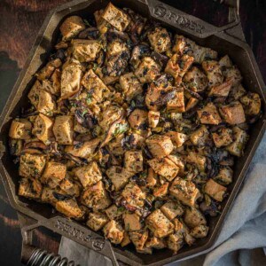 Grilled Wild Mushroom Stuffing in a cast iron skillet