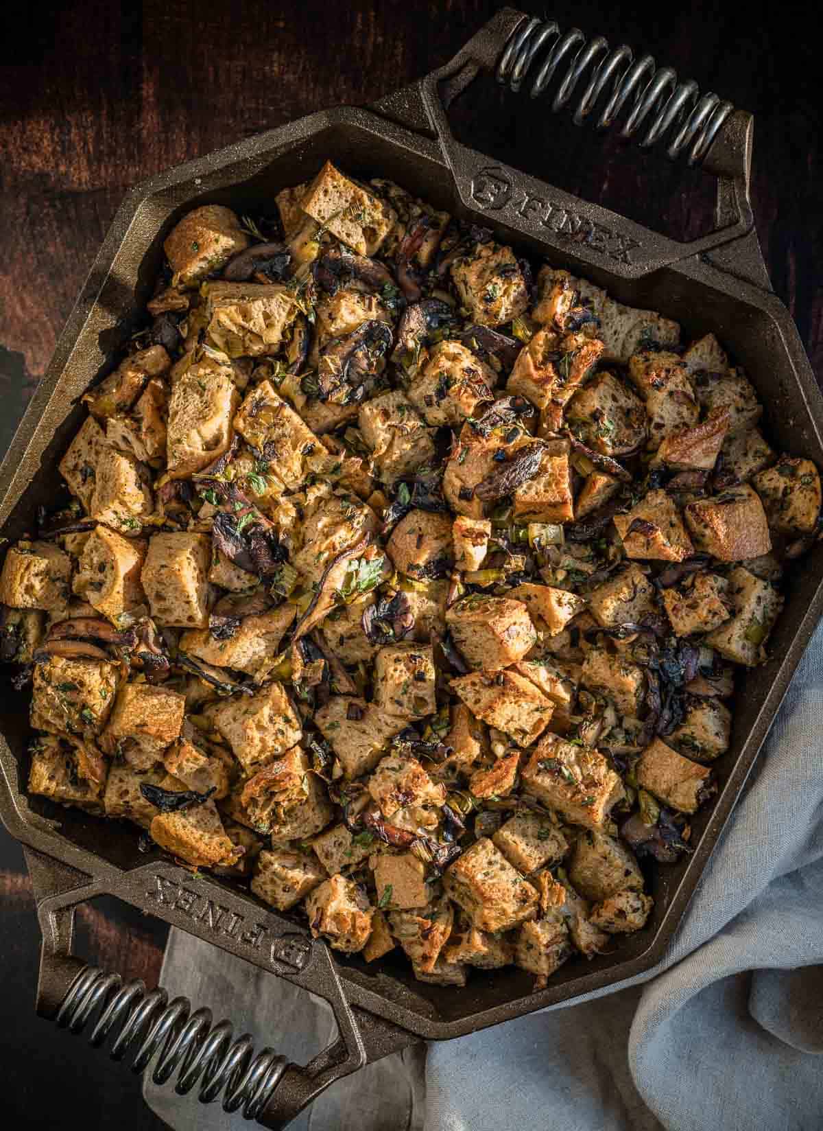 Grilled Wild Mushroom Stuffing in a cast iron skillet