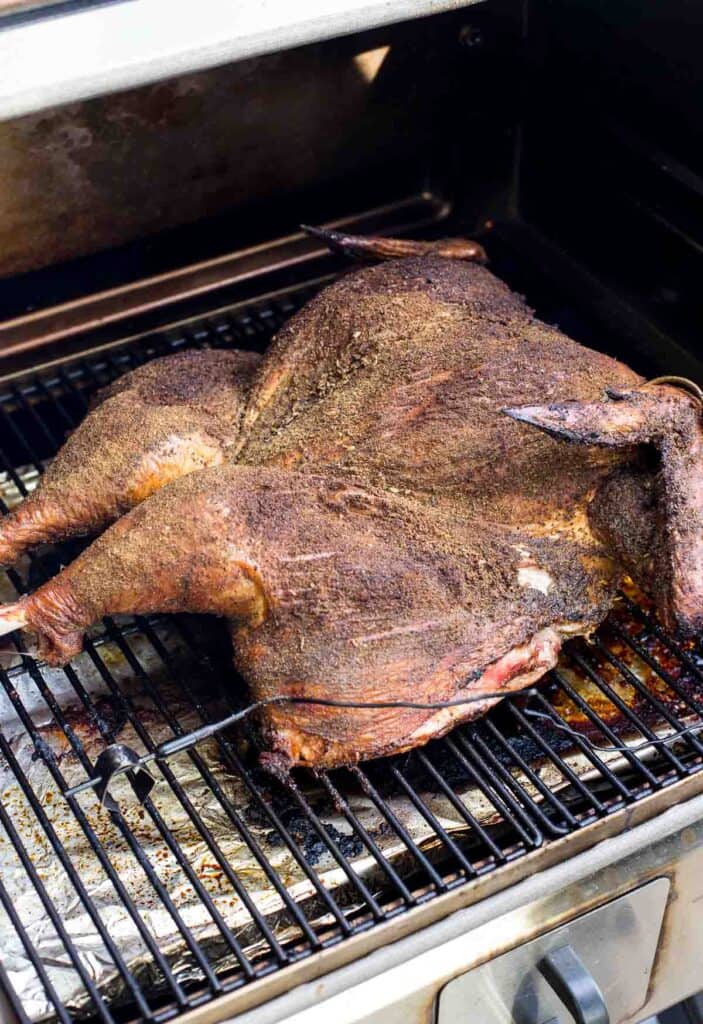 Smoked spatchcocked turkey on a pellet grill.