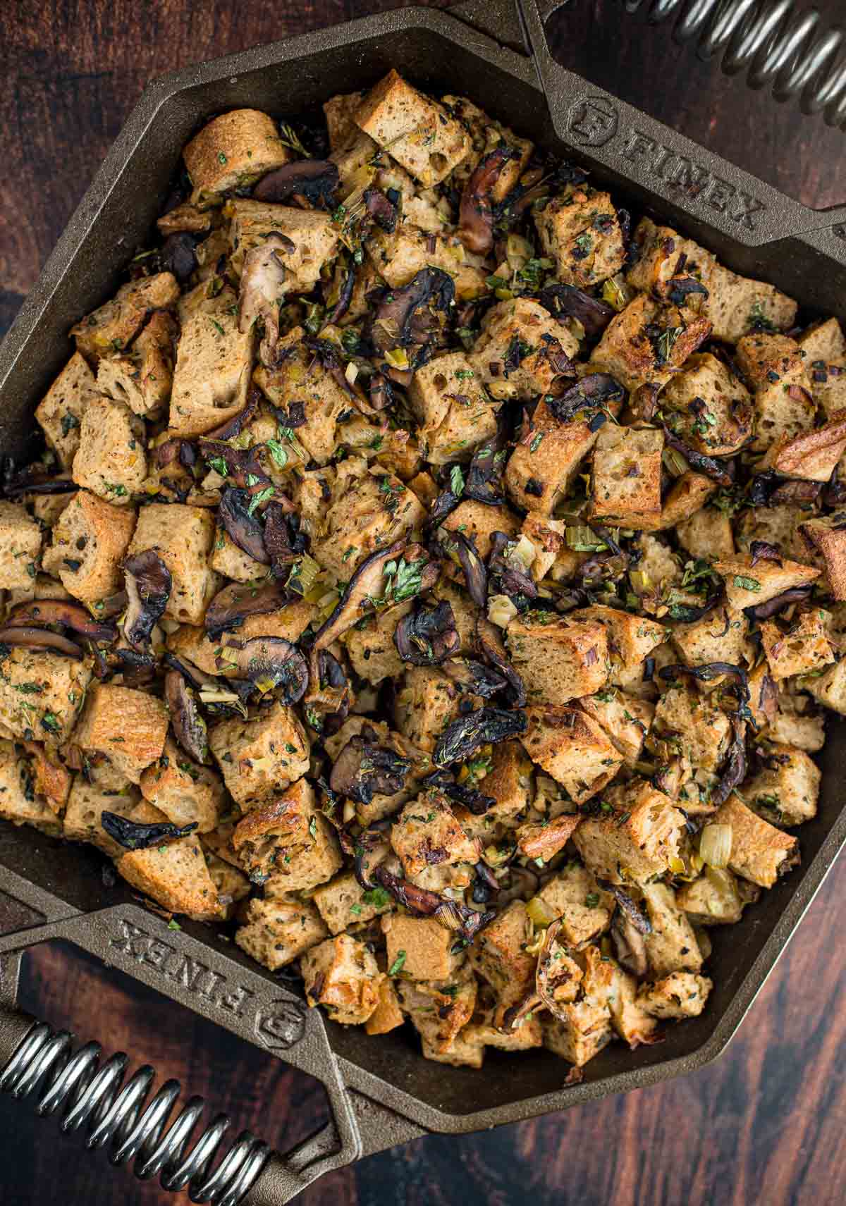 Grilled Wild Mushroom Stuffing in serving dish