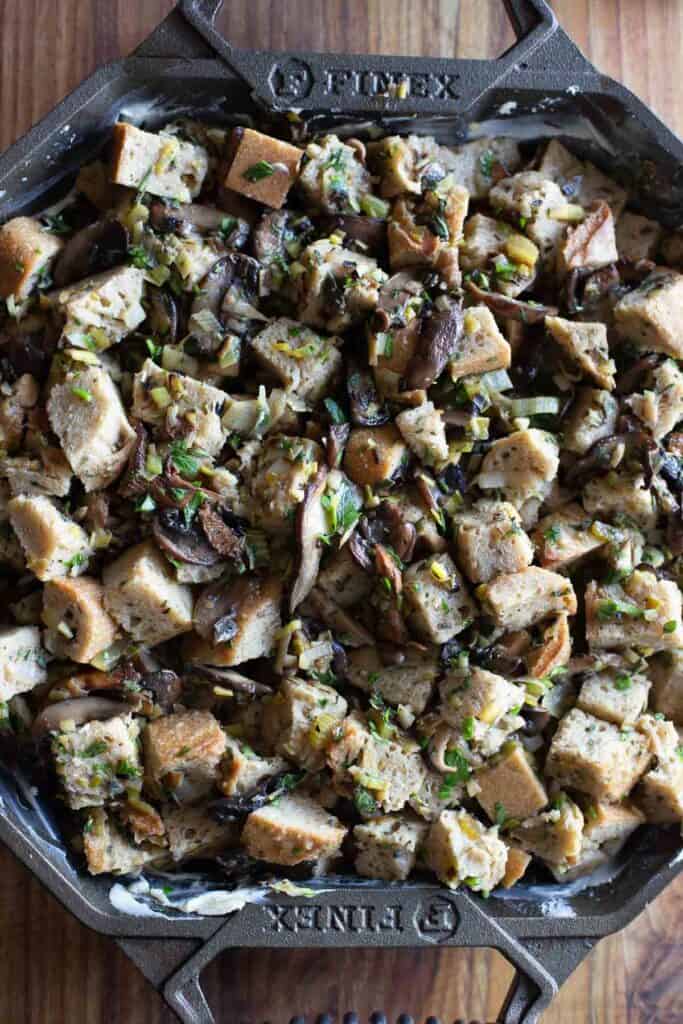 preparing stuffing in a cast iron skillet