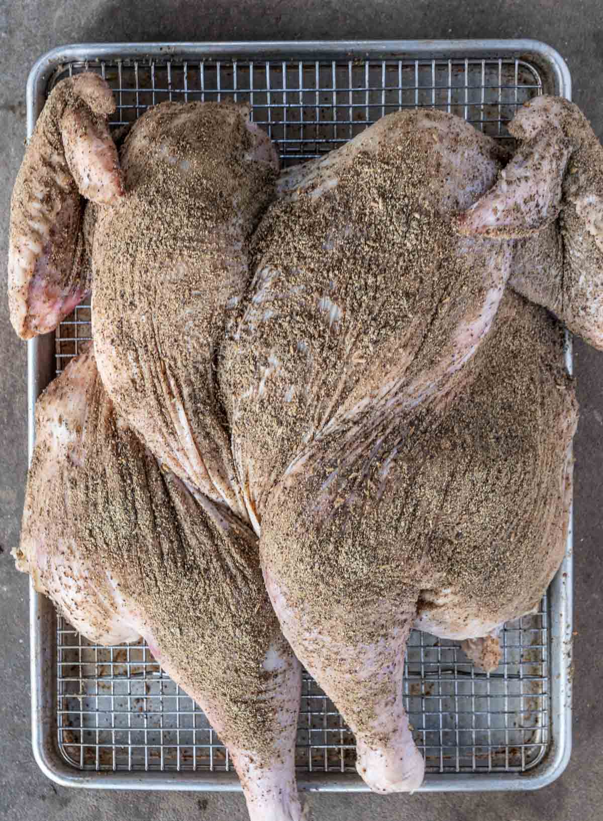 raw spatchcocked turkey on a baking dish