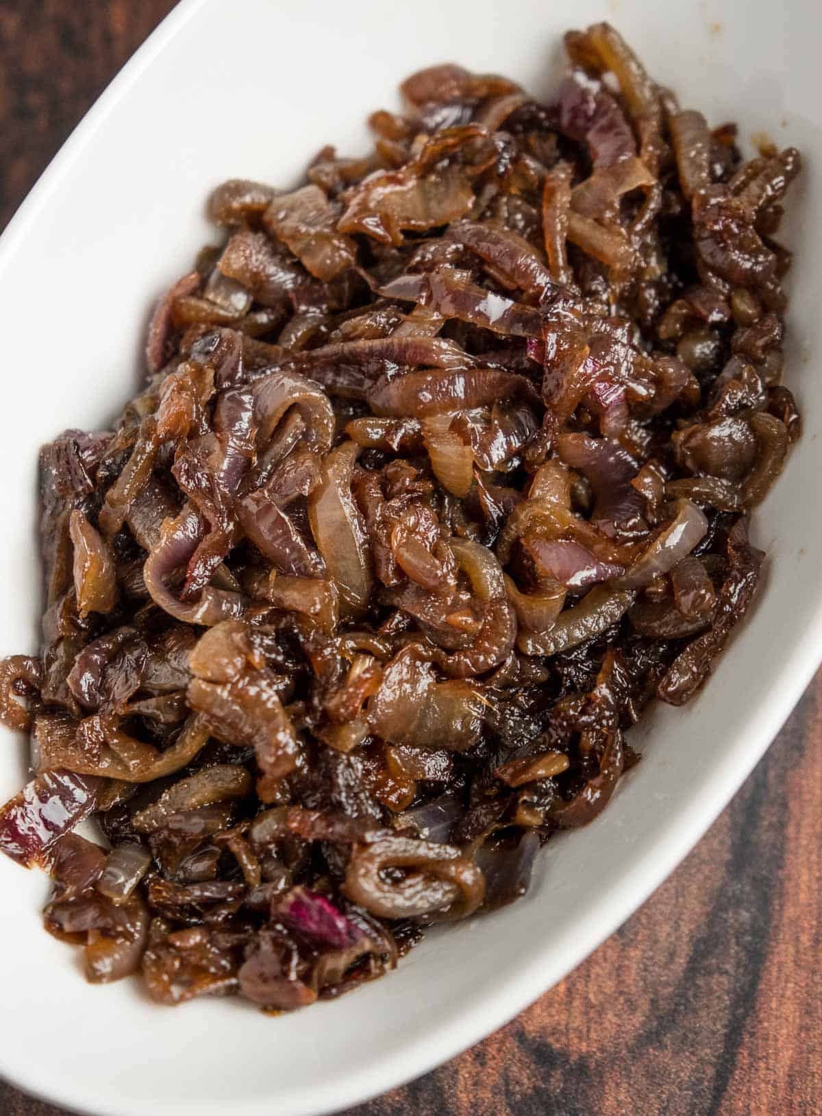 Caramelized red onions in a serving dish