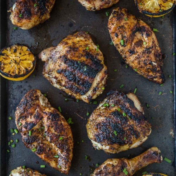 Perfect grilled chicken pieces on a platter