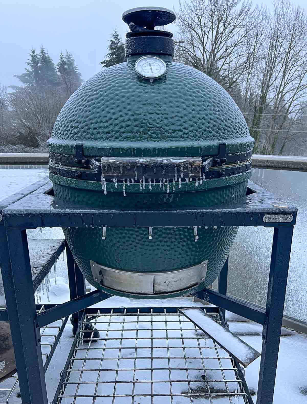 A frozen Big Green Egg with the lid frozen shut