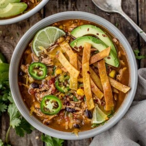 Smoked chicken tortilla soup in a serving bowl