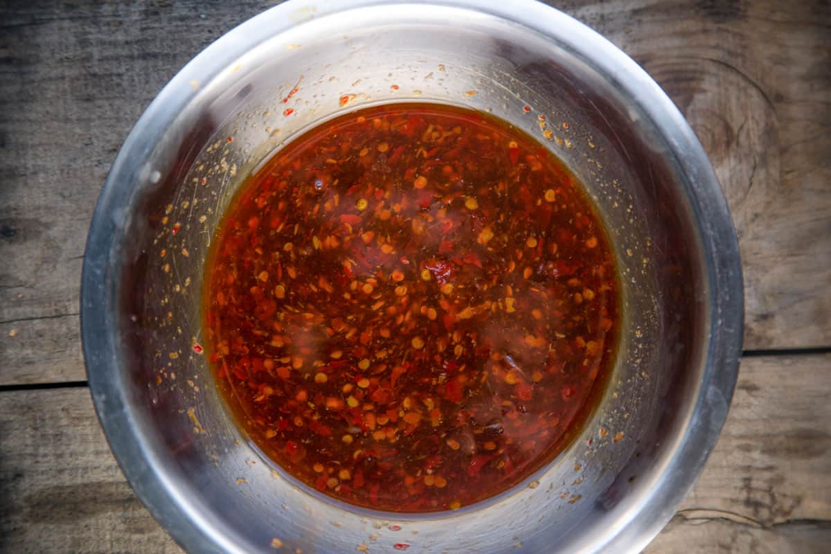 A Thai chili sauce for chicken wings in a bowl