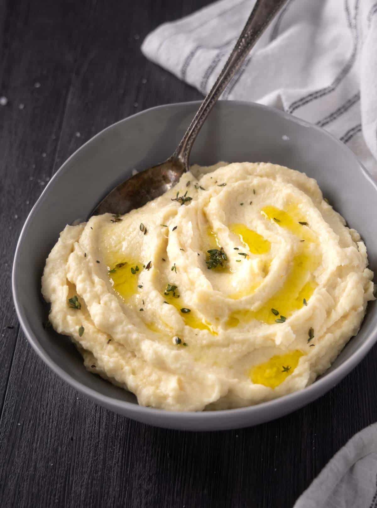 Parsnip puree in a serving bowl.