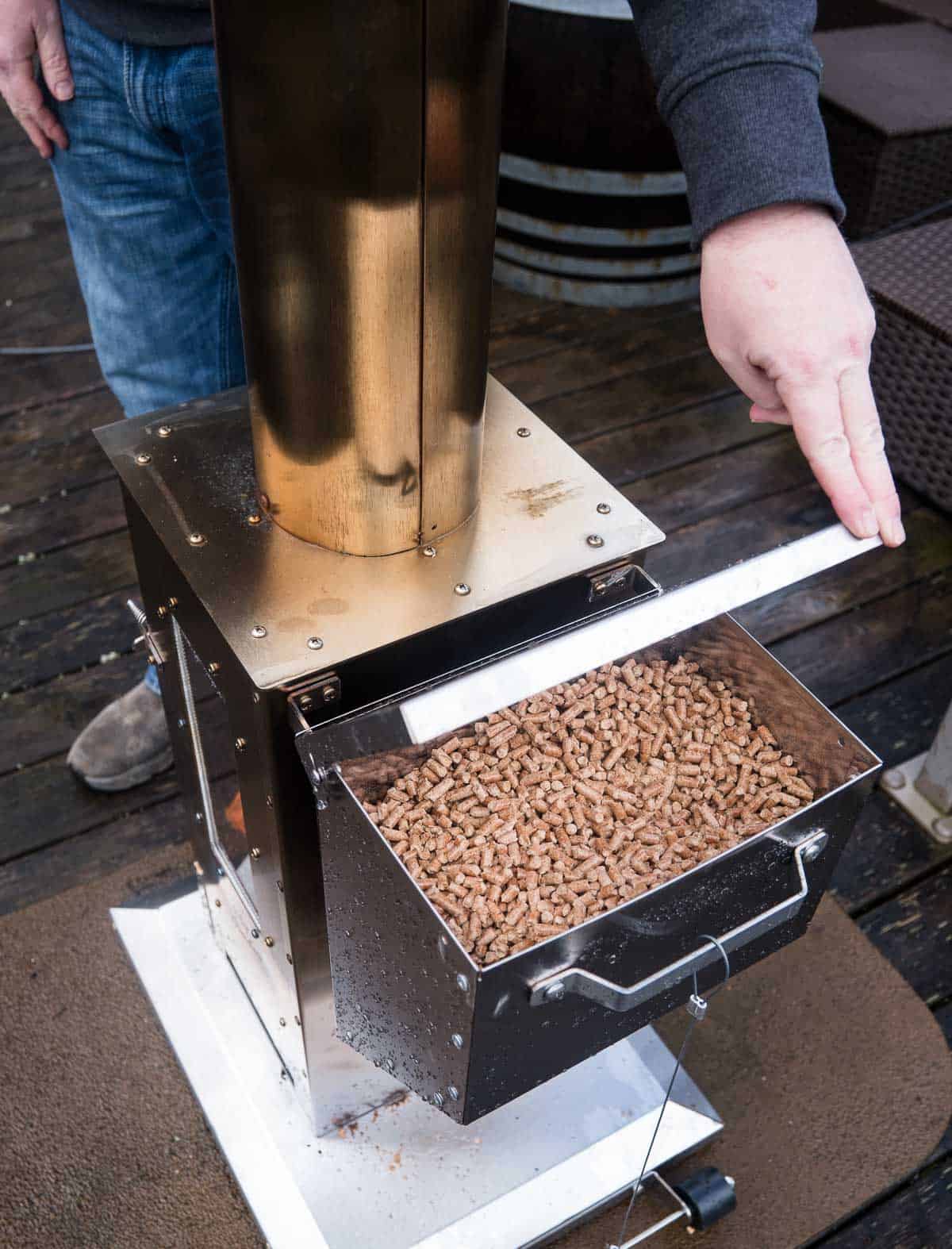 Pellet box on a patio heater