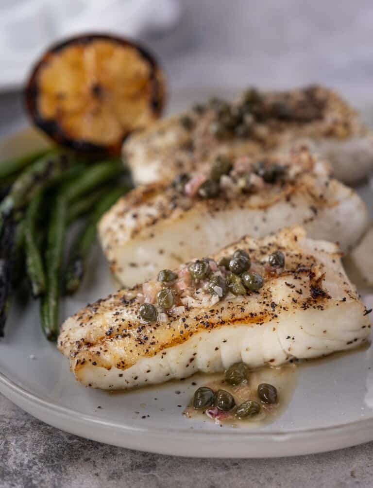 Grilled Halibut with White Wine, Butter, and Caper Sauce Vindulge