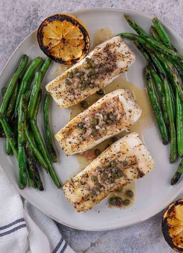 Grilled Halibut with White Wine, Butter, and Caper Sauce Vindulge