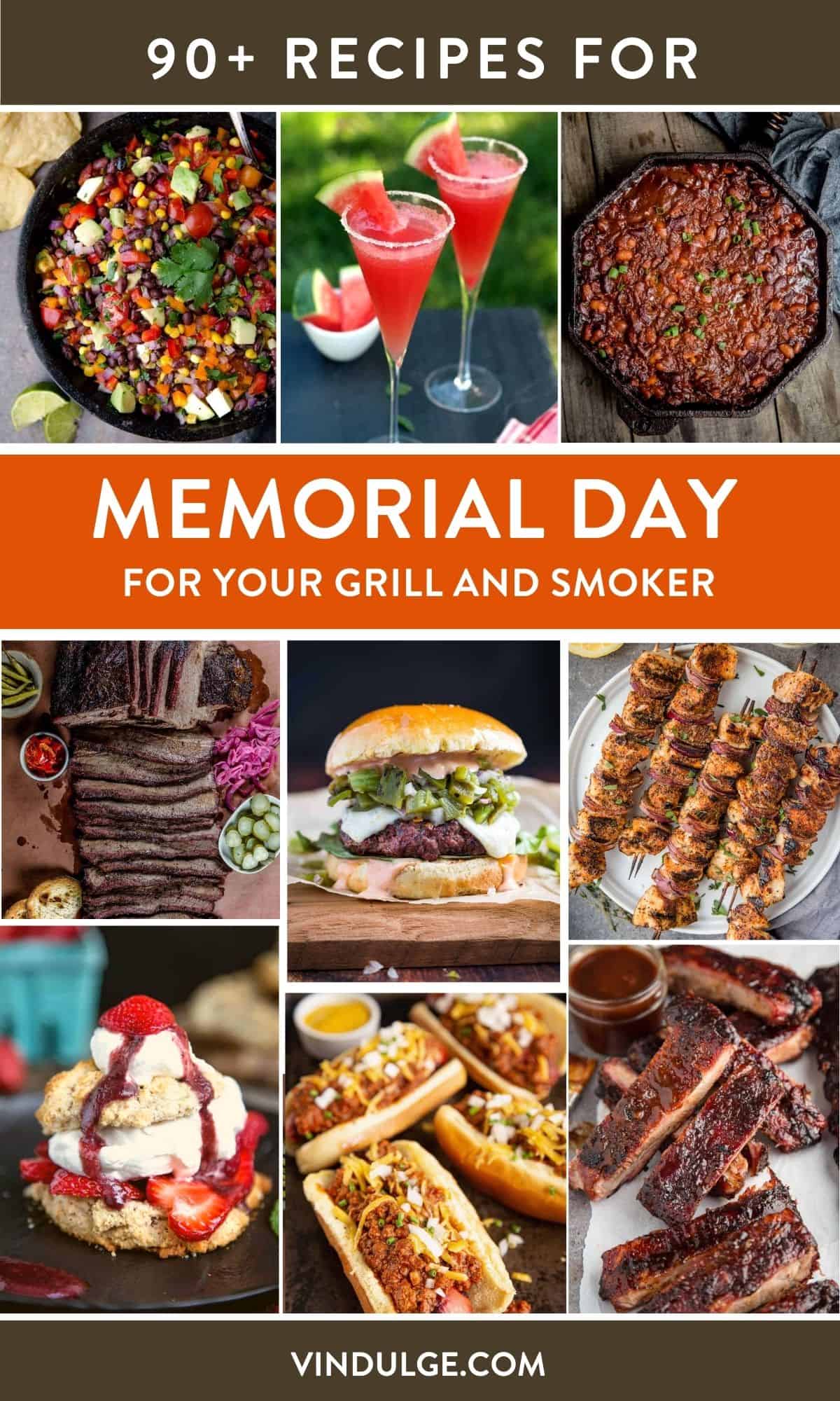 Collage of photos featuring ribs, burgers, and brisket for Memorial Day from Vindulge.