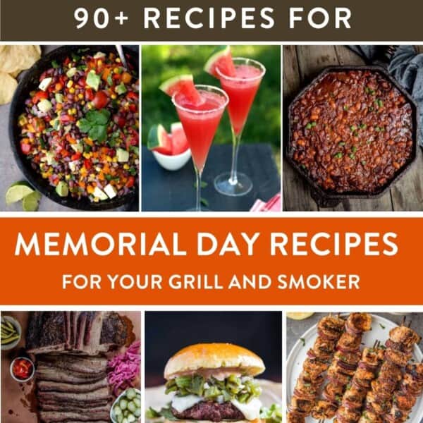 A square collage of photos for memorial day recipe ideas including brisket, burgers, and ribs from Vindulge.
