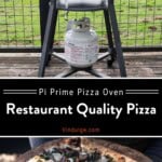 Solo Stove Pi Prime with the flame on high on top of a stand on a deck and a second image of a kale pizza on a cutting board.