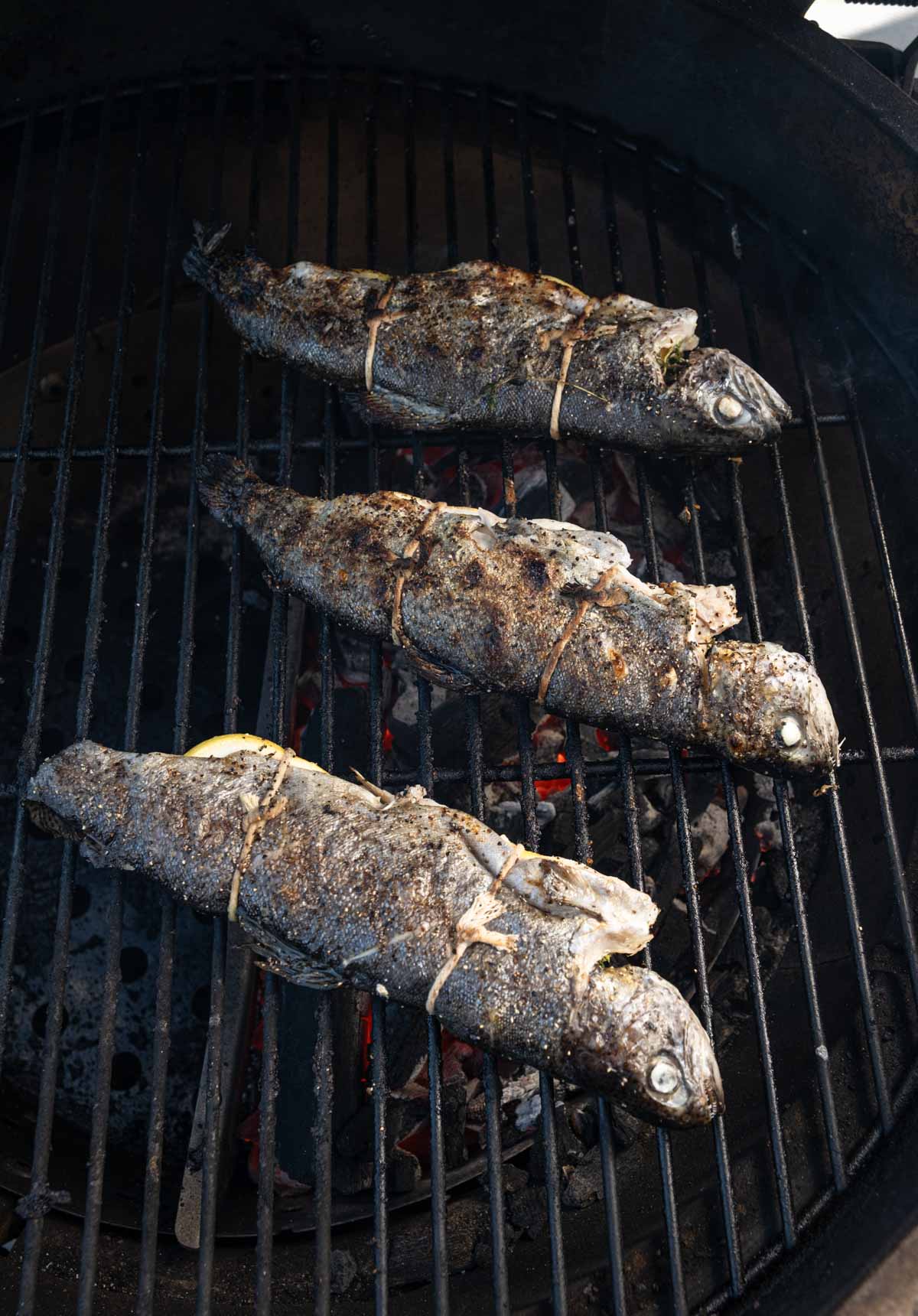 Three whole trout cooking on a grill over direct heat. 