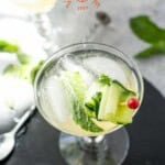 A top down image of a martini glass with a cucumber mint cocktail.