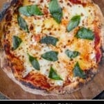 A pinterest pin showing a one hour pizza dough margherita pizza on a round wooden pizza peel.