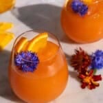 A top down picture of two stemless wine glasses with aperol spritz slushie topped with garnish.