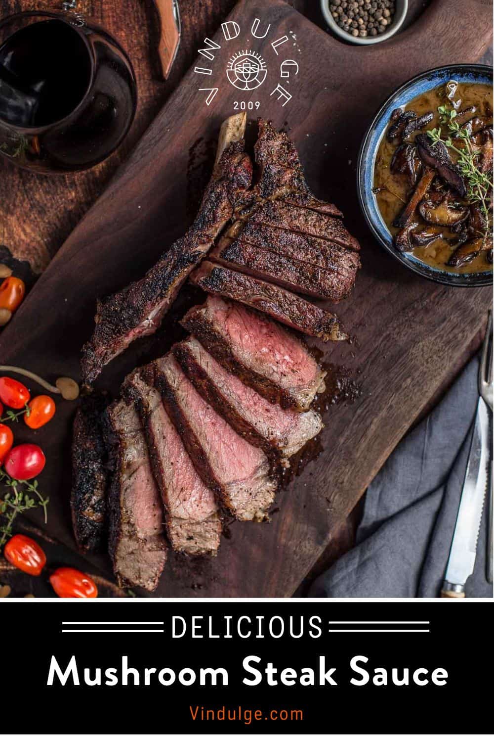 Grilled Cowboy Ribeye Steak With Red Wine and Mushroom Sauce - Vindulge