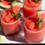 Pinterest pin with the title Watermelon Frosé Slushie with four glasses of slushie topped with mint.