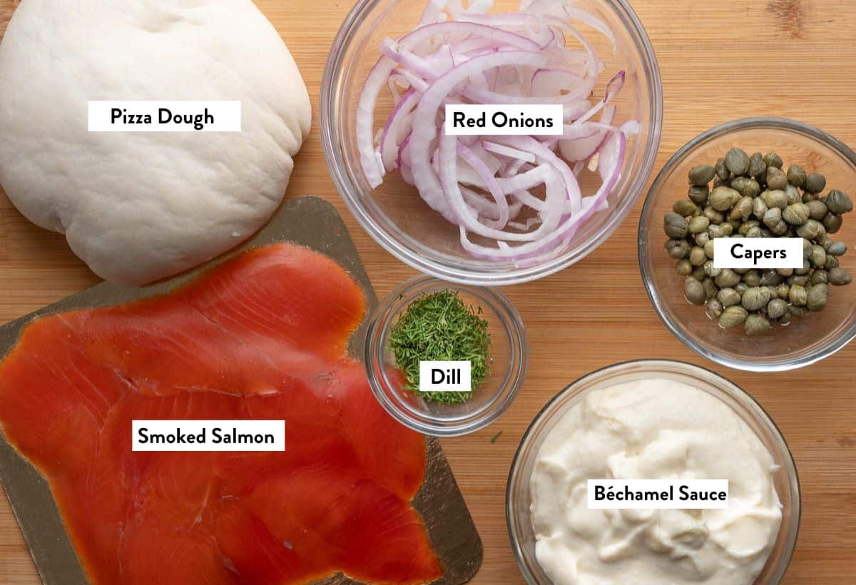 Ingredients for Smoked Salmon Pizza with text overlays on each ingredient.