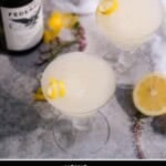 Pinterest pin with kiwi 77 cocktail with lemon garnish and a bottle of sauvignon blanc wine.