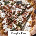 A pinterest pin showing a sliced pumpkin fall pizza on parchment paper.