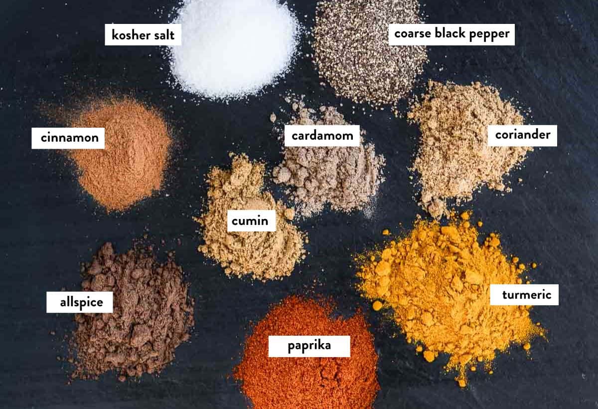 Ingredients for Moroccan Spice Blend with labels on a black platter.