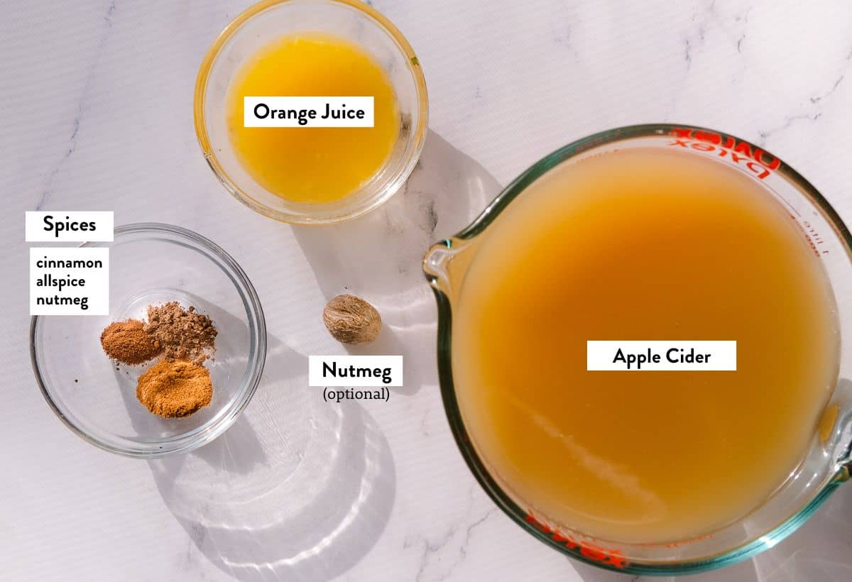 Ingredients for Apple Cider Slushie on a marble table, labeled.