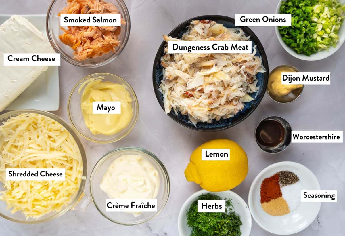 Ingredients for Dungeness Crab Dip in bowls with titles. 